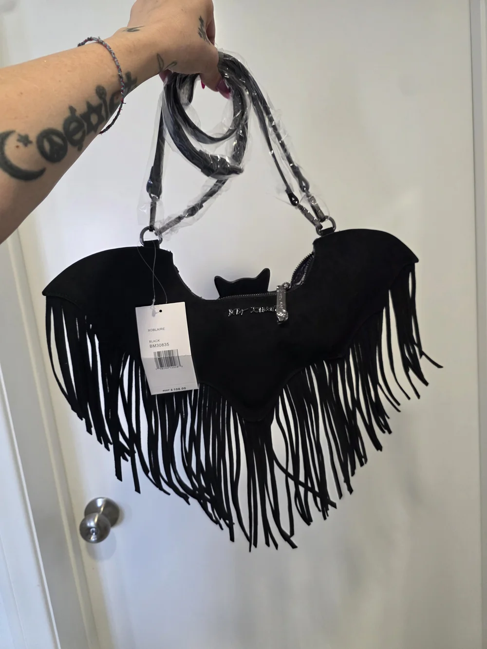 Betseyville Wingin It Fringe Bat-Shaped Bag - Black